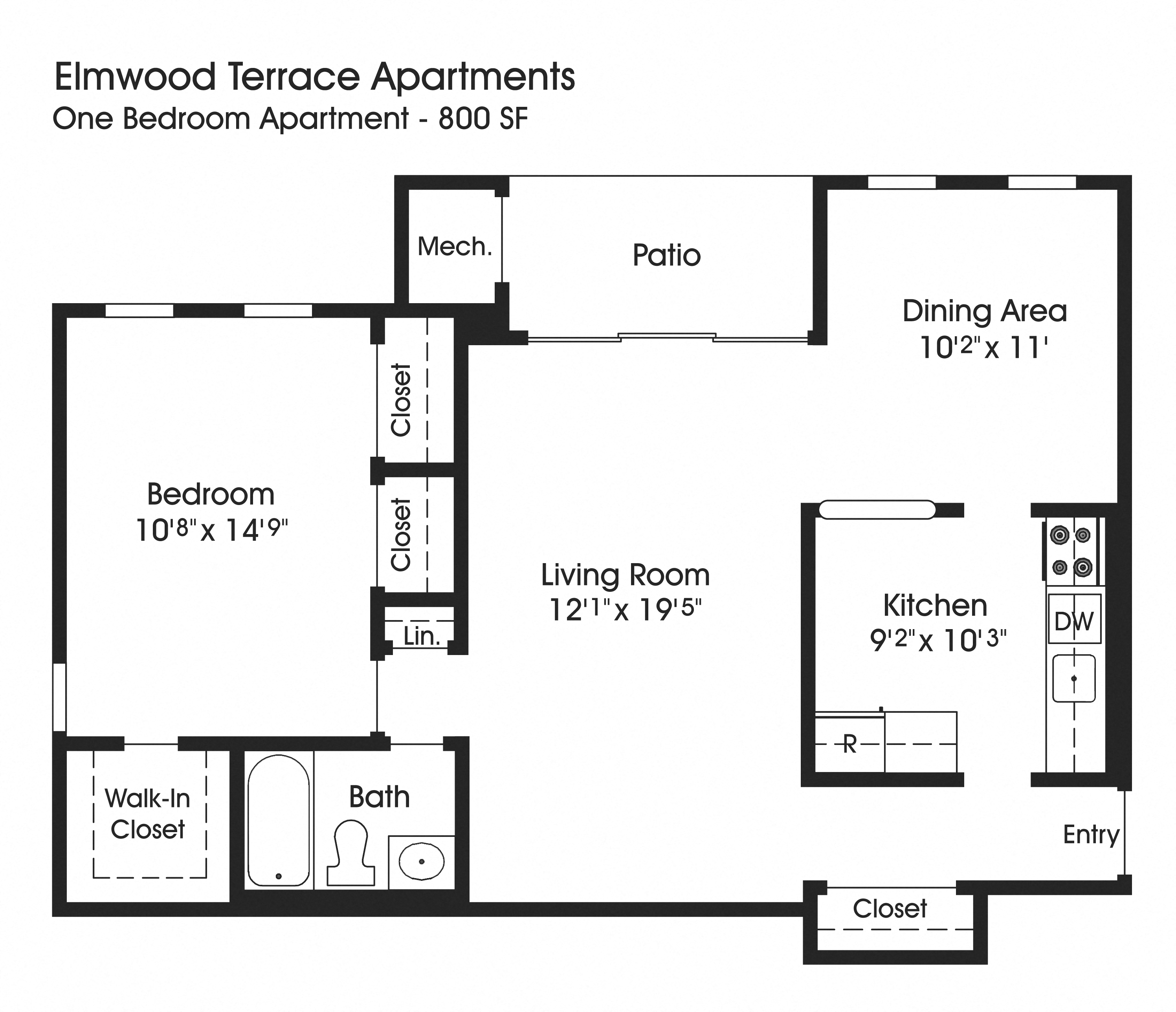 Floor plan for 1 bed, 1 bath, 800 sqft